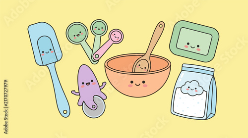 Cute kawaii baking tools and ingredients with happy faces, flat design vector illustration