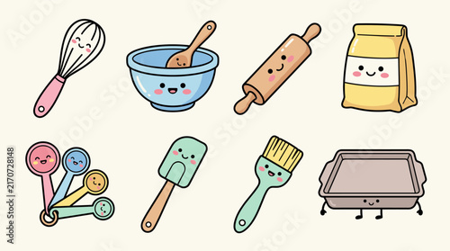 Cute kawaii baking tools icon set: whisk, bowl, rolling pin, brush, flour bag, spatula, baking tray, measuring spoons