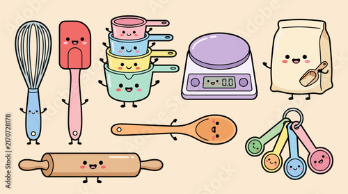 Cute kawaii baking tools illustration set with whisk, spatula, and spoons, spoon, rolling pin, bag of flour, measuring cups, scale