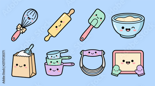 Cute kawaii baking tools set with whisk, rolling pin, spatula, bowl, flour bag, measuring cups, pastry blender, and frame with mittens
