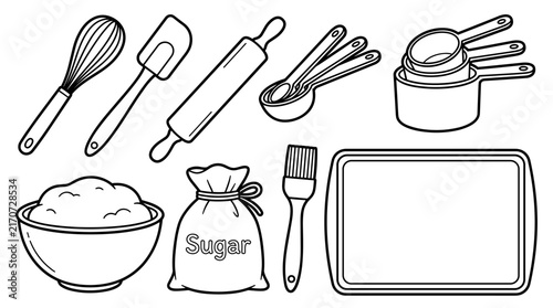 Flat design baking icons including whisk, spatula, rolling pin, sugar bag, brush, bowl, and tray, cups, measuring spoons