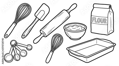 Line art illustration of baking tools: whisk, spatula, rolling pin, baking pan, and flour bag., bowl, measuring spoons