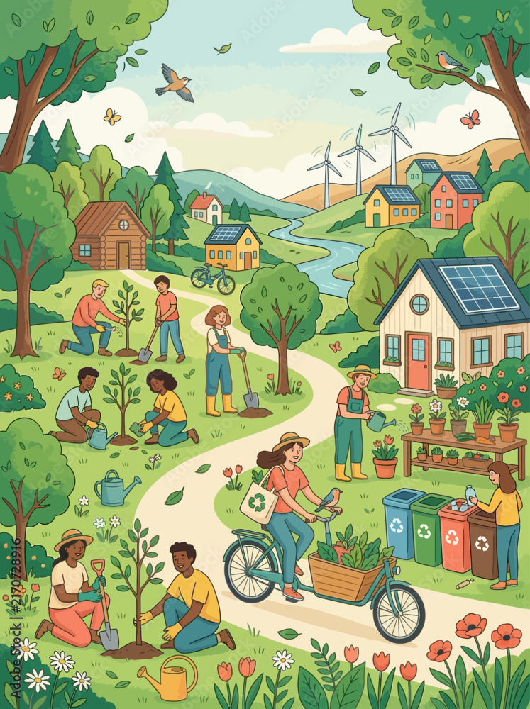 Naklejka premium Diverse Community People Working Together in a Sustainable Eco Friendly Environment