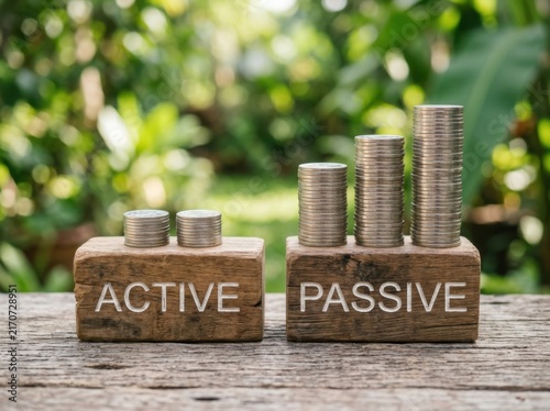 Active vs passive income concept with stacks of coins on wooden blocks