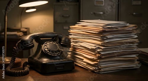 Vintage black rotary telephone resting next to a massive stack of manila folders on a dimly lit wooden desk.