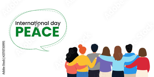 International day of peace design with group of diverse friends hugging for global unity celebration across white backdrop