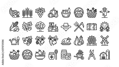 Farm fresh produce and harvest icons in simple line art style