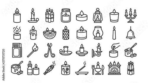 Black line icons of various candle types and holders for decoration