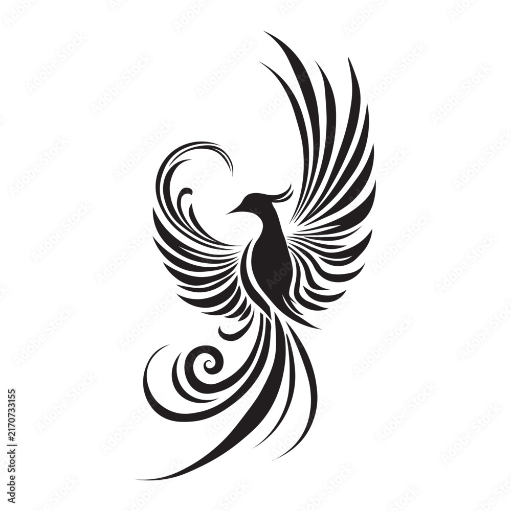 Fototapeta premium Black phoenix bird silhouette icon, mythical fire bird rising with spread wings design.