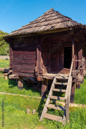 Close view of an old raised wooden hut with ladder in a traditional rural setting in Romania