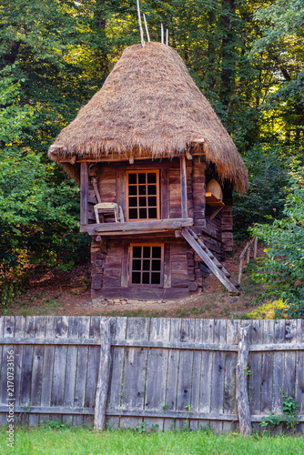 Tall wooden hut with thatched roof beside forest in a traditional rural setting in Romania