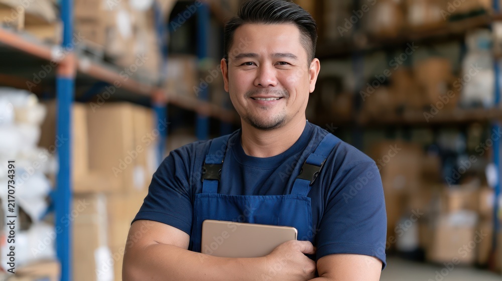 Obraz premium A man wearing blue overalls and a blue shirt, smiling confidently while holding a tablet computer and standing in a warehouse with stacked boxes and shelves in the background
