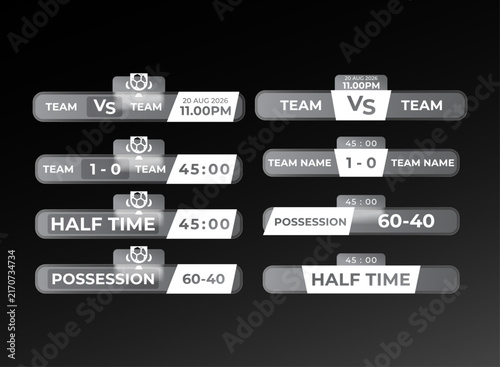 Картината върху платно Dark monochrome football scoreboard elements featuring matchups, scores, timers, halftime, possession, and schedule panels with sleek glassmorphism broadcast graphics