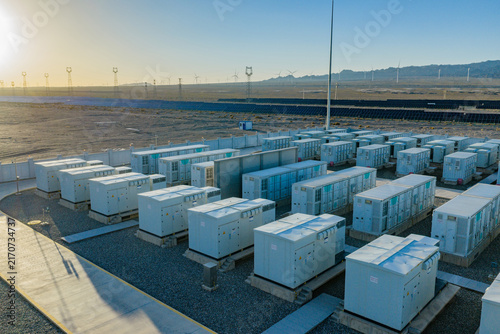 Energy storage station at sunset, new energy, shared power energy, solar photovoltaic power plant