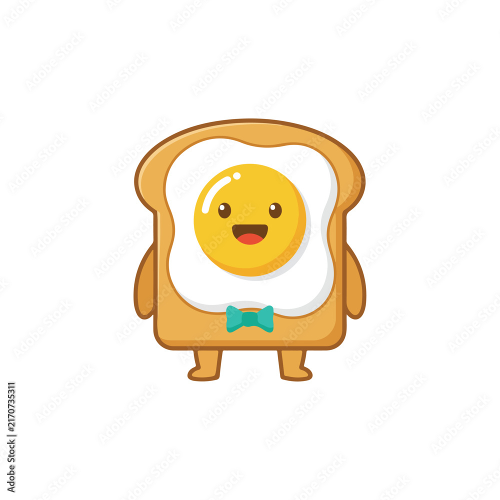 Obraz premium A cute vector illustration of a cartoon slice of toast topped with a smiling fried egg wearing a bow tie.
