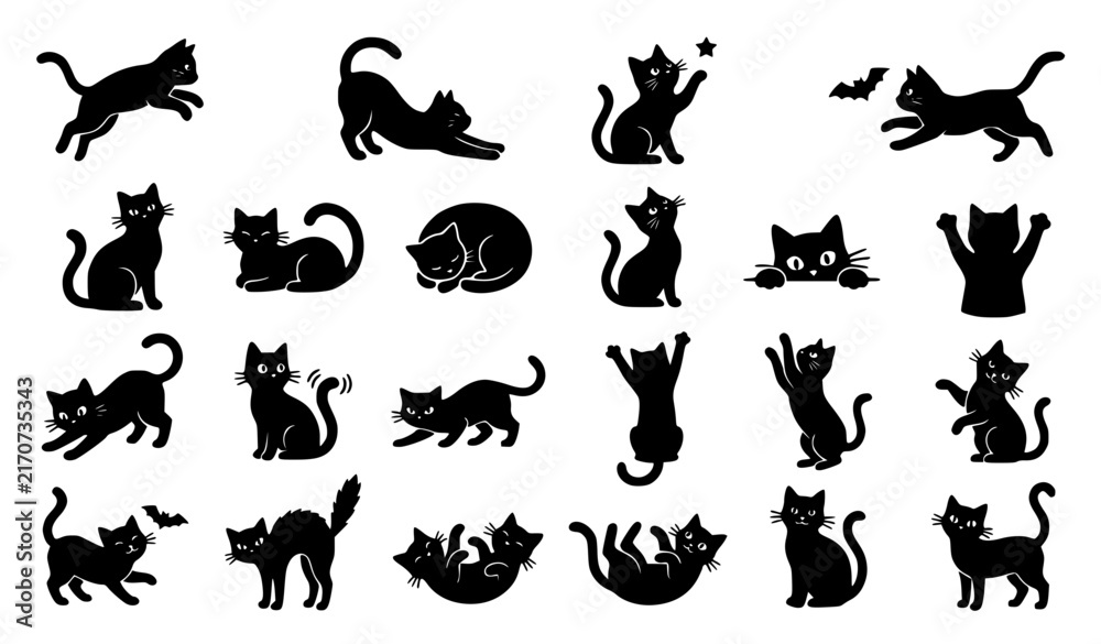 Obraz premium Cute Black Cat Silhouette Icon Set with Funny Cartoon Feline Characters in Various Poses for Halloween Designs Isolated on White Vector