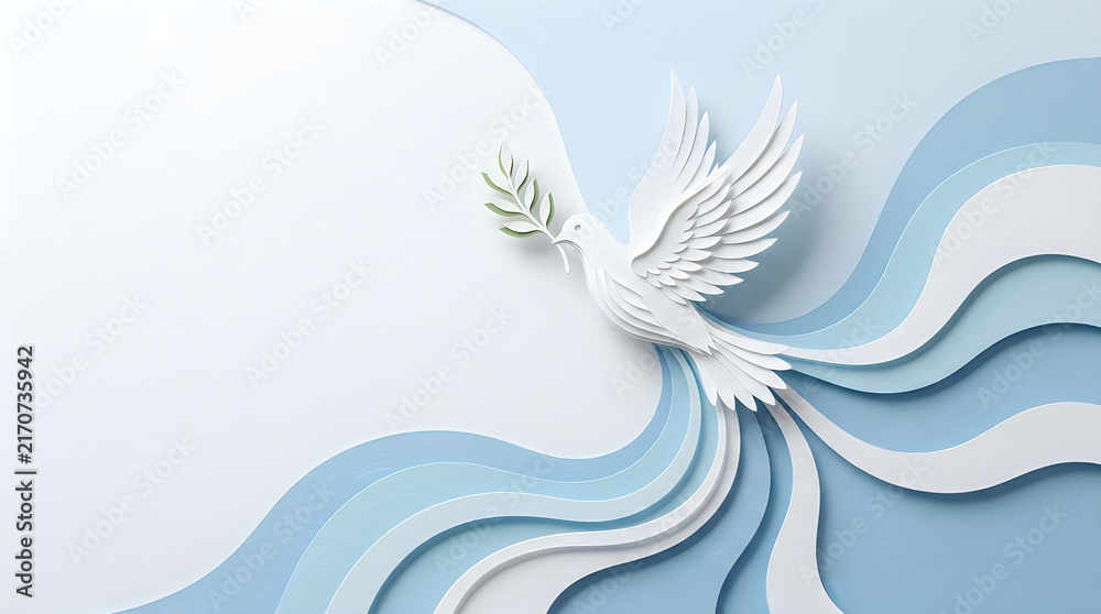 Fototapeta premium Paper craft white dove with olive branch flying over blue waves for international peace day celebration background