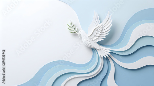 Paper craft white dove with olive branch flying over blue waves for international peace day celebration background