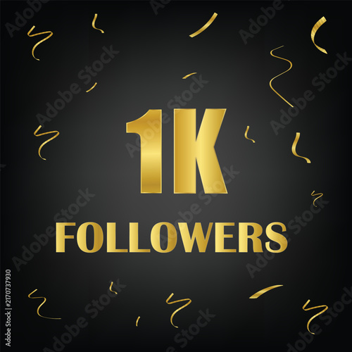 1k followers with golden confetti on black background