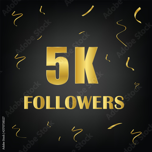5k followers with golden confetti on black background