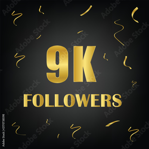 9k followers with golden confetti on black background