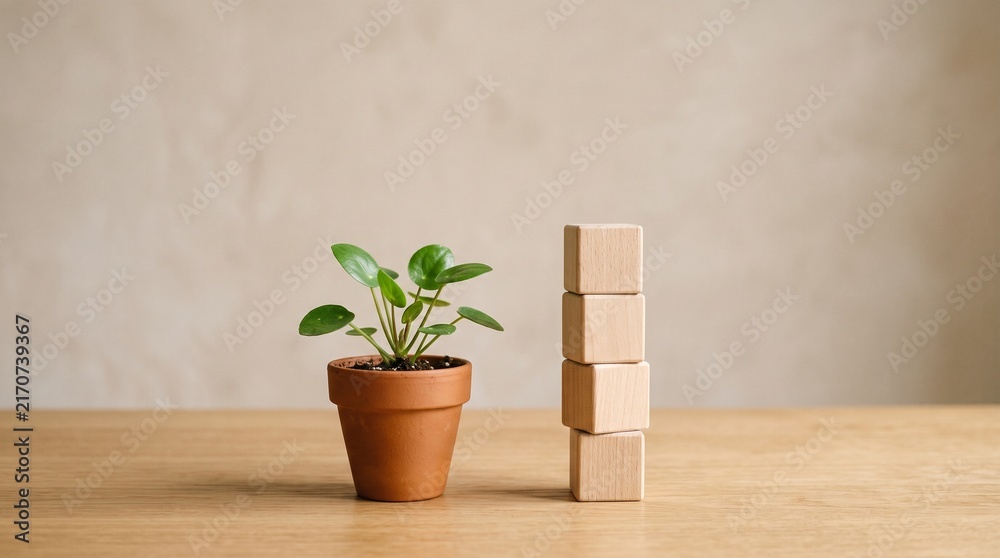 Fototapeta premium Small green plant in pot beside a stack of blank wooden blocks on a wooden table.