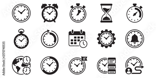 Collection of black timekeeping silhouettes including clocks hourglasses and stopwatches on a white background