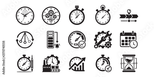 Collection of time management and productivity icons including clocks calendars and progress indicators in a black and white style