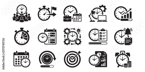 Time Management Flat Icons Set With Clocks Calendars And Business Concepts Vector Illustration