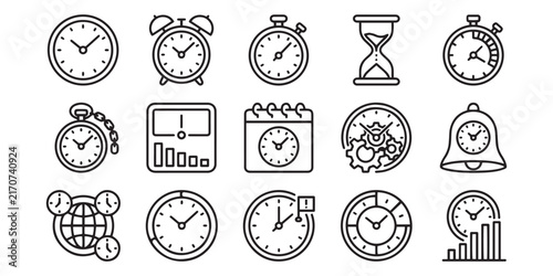 Collection of timekeeping devices line art icons on a white background