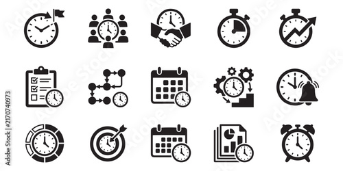 A monochrome collection of time management icons featuring clocks calendars stopwatches and various scheduling concepts displayed on a clean white background