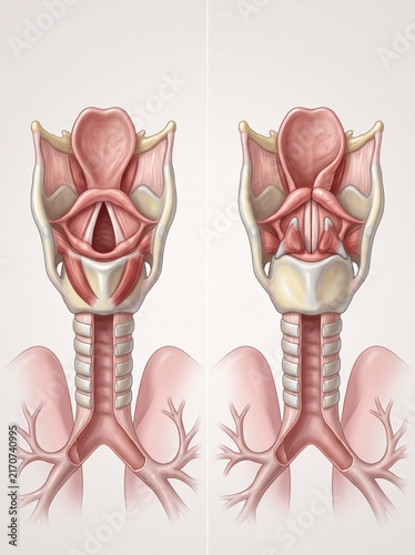 Human larynx and vocal cords anatomy diagram. Medical illustration showing open and closed glottis states, trachea, and bronchial tree. Educational health poster on respiration and speech.