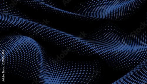 Abstract Blue Digital Wave Dot Pattern on Black, Futuristic Technology Background