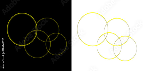 Abstract yellow glowing light circles on black and white background for design overlays.