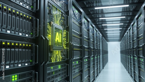 Futuristic Artificial Intelligence Processor Display Inside Modern Enterprise Data Center Server Room with Advanced Cloud Computing Infrastructure