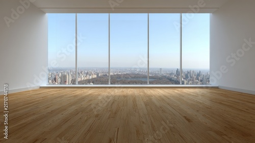 Modern interior with city view empty room with large windows and sunlight
