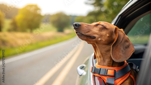 Fotografie Happy brown dachshund dog enjoying a car ride with eyes closed on a summer road
