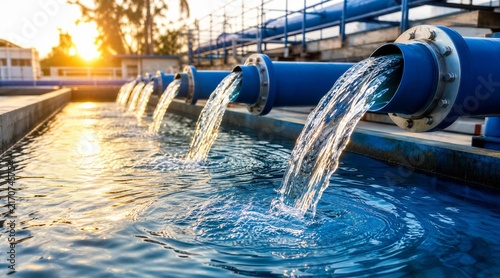 Water Treatment Plant Pipes Flowing Into Reservoir at Sunset
