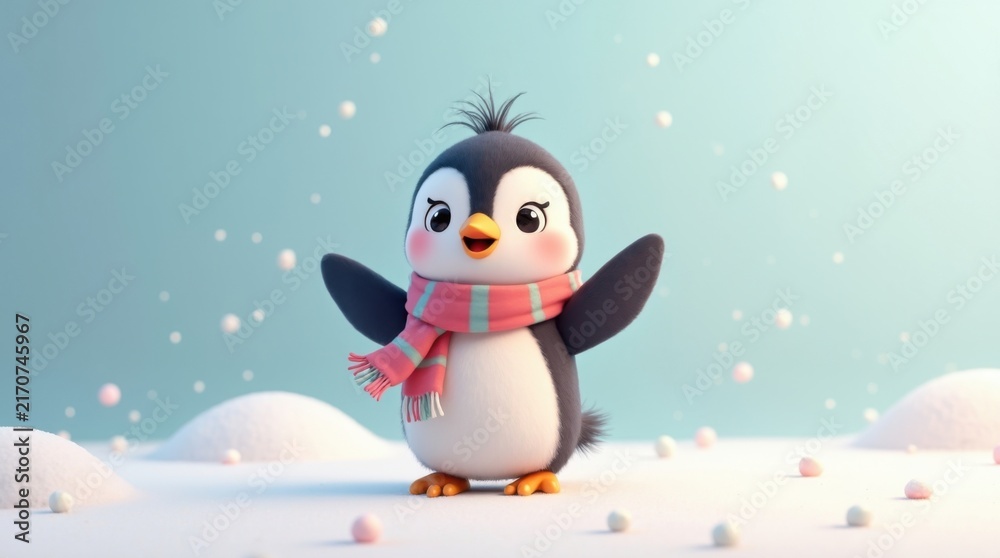 Obraz premium Pingüino de dibujos animados con una bufanda pequeña y colorida