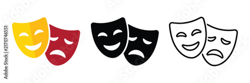 Obraz na plátně Comedy and tragedy theater masks icon set, happy and sad drama symbols, colorful