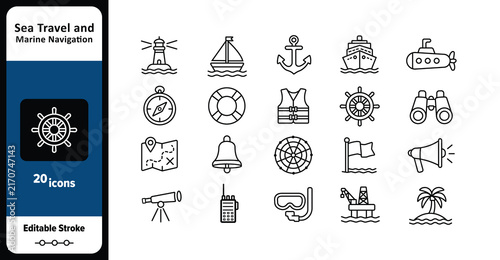 Sea Travel and Marine Navigation Line Icon Set with Nautical Symbols