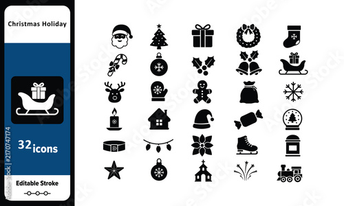 Christmas Holiday Solid Icon Set with Santa Tree Gifts Ornaments and Winter Symbols