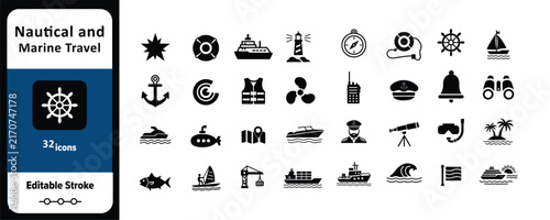 Nautical and Marine Travel Solid Icon Set with Ships Navigation and Ocean Symbols