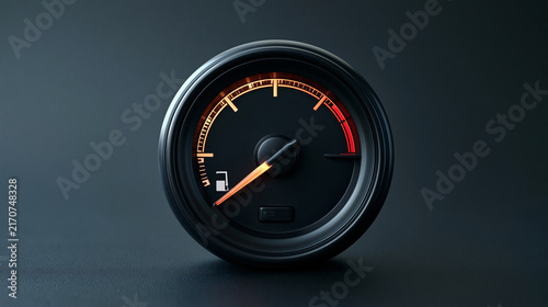 Single nearly empty fuel gauge arrow isolated on plain seamless studio background soft studio lighting minimal centered composition, runway time remaining concept optometry