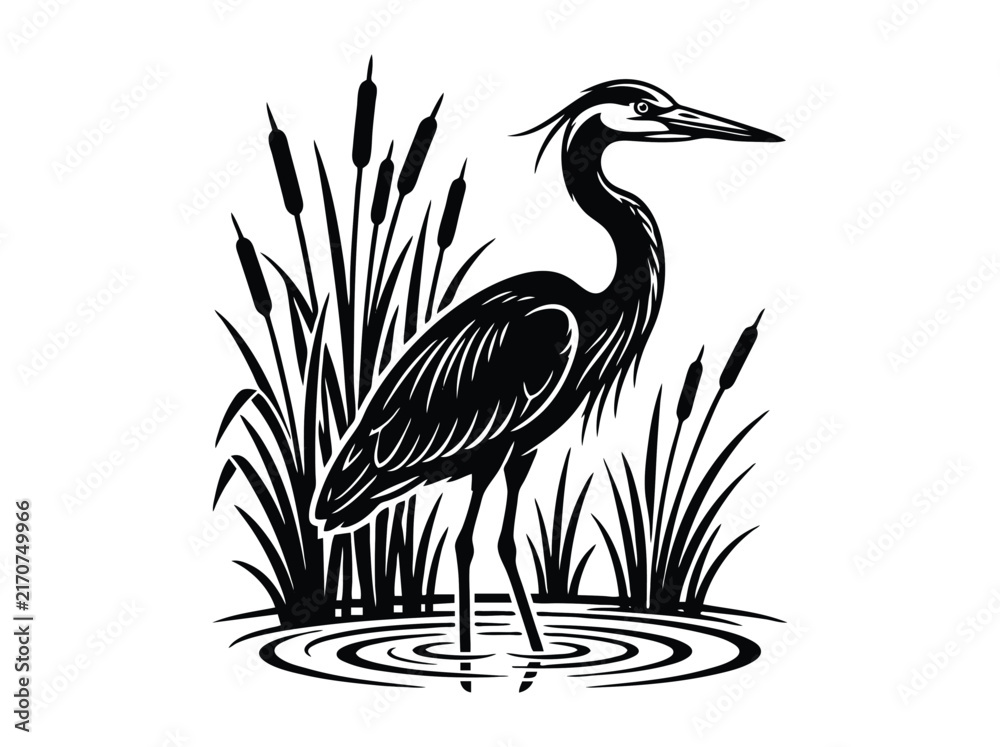 Fototapeta premium Vintage heron vector illustration, black and white crane in marsh with cattails, elegant bird silhouette for nature logos and outdoors branding