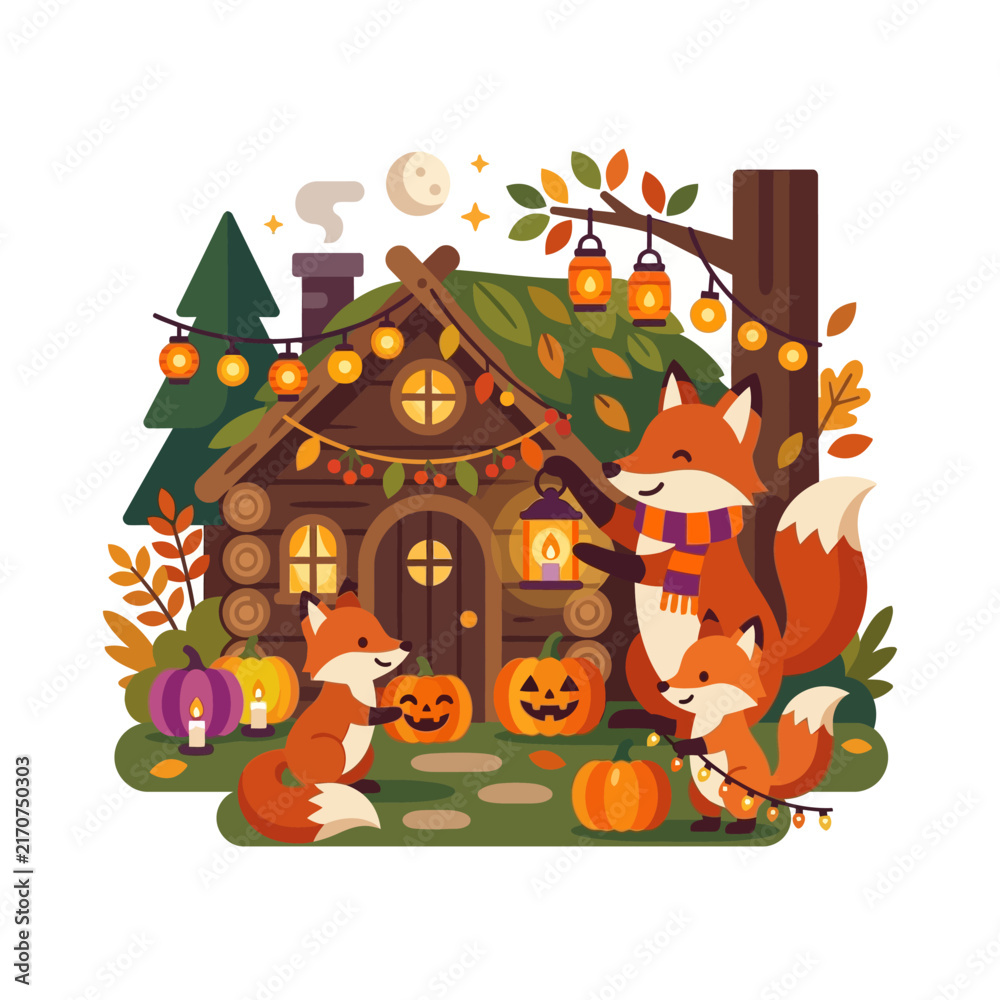 Fototapeta premium Cute foxes celebrating Halloween in a cozy autumn forest cabin.