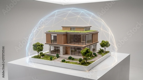 Detailed architectural model of a modern house with a green roof, surrounded by a protective digital sphere, on a white pedestal.