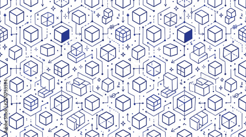 Seamless pattern with handdrawn geometric cubes and technical symbols