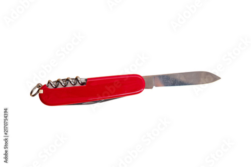Cuadro en lienzo Red pocket knife with open blade and corkscrew shown from the side