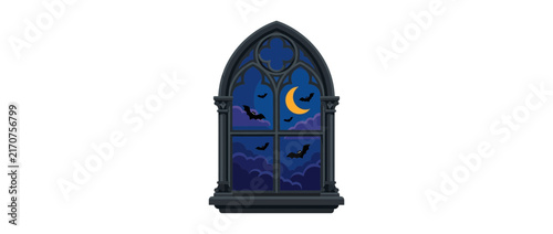 Gothic Window With Bats And Crescent Moon Illustration